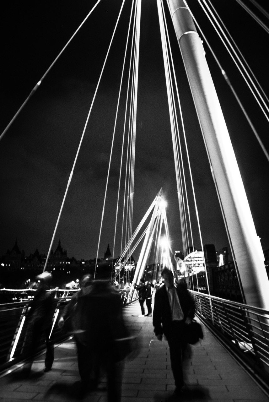 Hungerford Bridge in London at night, black and white